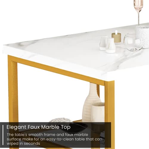 DKLGG 3-Piece Dining Table Set, Counter Height Pub Table with 2 Upholstered Bar Stools/Chairs, Small Space Faux Marble Bar Tabletop Storage Shelves, Breakfast Nook, Gold