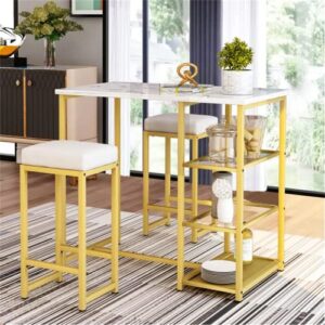 dklgg 3-piece dining table set, counter height pub table with 2 upholstered bar stools/chairs, small space faux marble bar tabletop storage shelves, breakfast nook, gold
