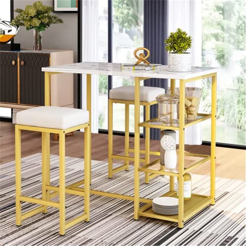 DKLGG 3-Piece Dining Table Set, Counter Height Pub Table with 2 Upholstered Bar Stools/Chairs, Small Space Faux Marble Bar Tabletop Storage Shelves, Breakfast Nook, Gold