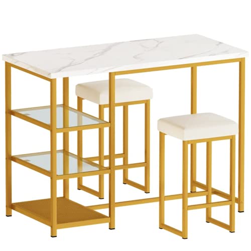 DKLGG 3-Piece Dining Table Set, Counter Height Pub Table with 2 Upholstered Bar Stools/Chairs, Small Space Faux Marble Bar Tabletop Storage Shelves, Breakfast Nook, Gold