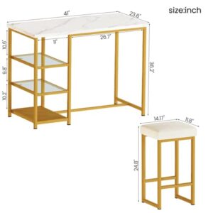 DKLGG 3-Piece Dining Table Set, Counter Height Pub Table with 2 Upholstered Bar Stools/Chairs, Small Space Faux Marble Bar Tabletop Storage Shelves, Breakfast Nook, Gold