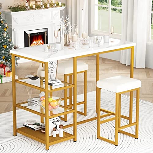 DKLGG 3-Piece Dining Table Set, Counter Height Pub Table with 2 Upholstered Bar Stools/Chairs, Small Space Faux Marble Bar Tabletop Storage Shelves, Breakfast Nook, Gold