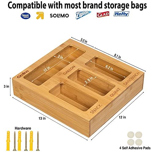 Ziplock Bag Organizer - Plastic Storage Bag Organizer for Kitchen Drawer - Bamboo Quart Baggie Organizer Dispenser for Gallon, Sandwich, Cookies, Snack Bags - Handmade Wooden Plastic Bag Holder-OCDINA