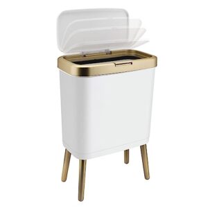 trash can with lid, plastic garbage can with push button, narrow modern waste basket for kitchen, slim bedroom garbage bin, 15l bathroom trash can for home, living room, toilet, office (white)