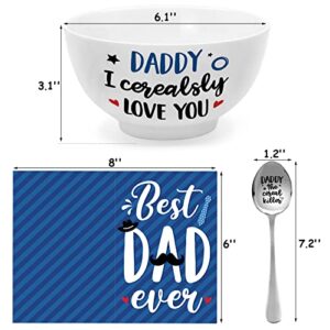 Father's Gift Dad Cereal Bowl and Cereal Killer Spoon Set with Best Dad Ever Greeting Card Set of 3 Birthday Engraved Box Basket Cerealsly Love You Daddy Christmas Present from Daughter Son Ice Cream