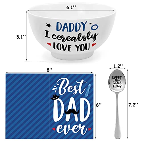 Father's Gift Dad Cereal Bowl and Cereal Killer Spoon Set with Best Dad Ever Greeting Card Set of 3 Birthday Engraved Box Basket Cerealsly Love You Daddy Christmas Present from Daughter Son Ice Cream