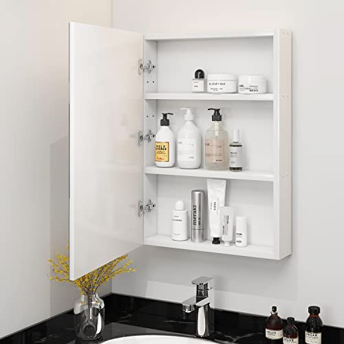 Los muebles LED Mirrored Medicine Cabinet Wooden Frame with Lights Surface Mount Bathroom Cabinet with LED Strips 27.5 x 19.6 inch Storage Shelves Left Hinged