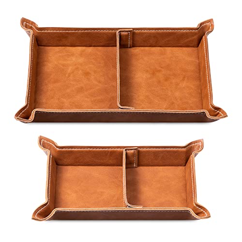 Navaris Faux Leather Tray Set - 2 Valet Organizer Trays for Bedside Table Desk with Dividers- Store Keys, Change, Wallet, Phone, Glasses - Brown