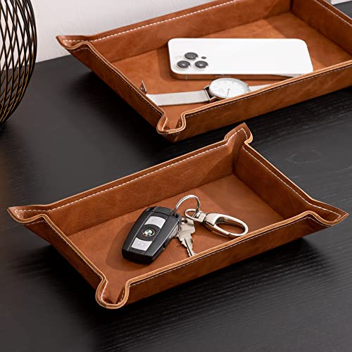 Navaris Faux Leather Tray Set - 2 Valet Organizer Trays for Bedside Table Desk with Dividers- Store Keys, Change, Wallet, Phone, Glasses - Brown