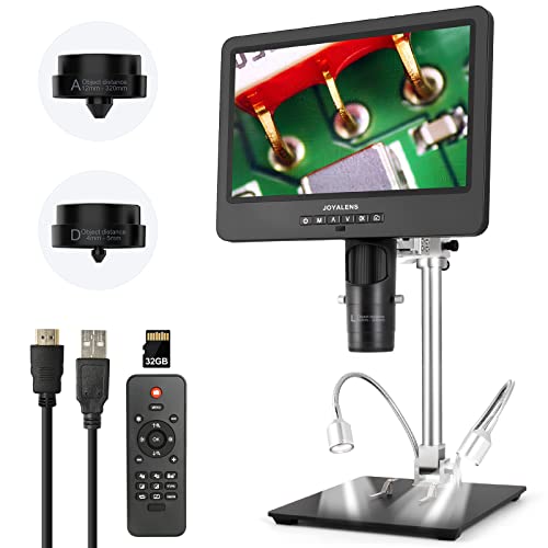 JOYALENS JL249MS 3 Lens 10 Inch LCD HDMI Digital Microscope 2000x, 24MP Soldering Microscope Pro Metal Stand for Vertical Horizontal Adjust, Coin Microscope, Biological Microscope, PC Compatible, 32GB