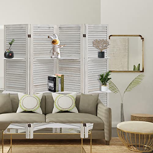 Babion Room Divider with Shelves, 5.6FT White Room Dividers 4 Panel, Wood Room Dividers and Folding Privacy Screens, Portable Room Divider Screen, Room Dividers Wall for Home Office,Bedroom