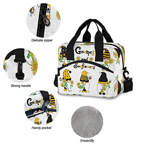 Oarencol Gnomes Sunflower Bee Insulated Lunch Bag Gnemes Florals Reusable Cooler Lunch Tote Box with Shoulder Strap for Work Picnic School Beach