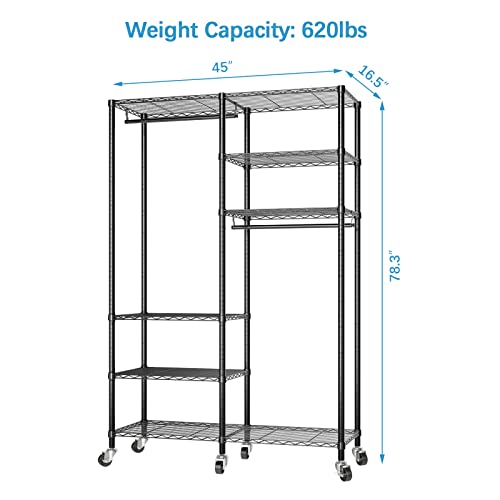 VIPEK R4i Portable Closets Heavy Duty Garment Rack Adjustable Rolling Clothes Rack with 6 Tiers Metal Wire Shelving, Double Rods, Lockable Wheels, Freestanding Wardrobe Closet Storage Rack, Black