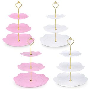 4 packs 3 tier cupcake stand plastic macaroon stand round plastic dessert display serving tray reusable tea party stand for wedding birthday tea party(white, pink)
