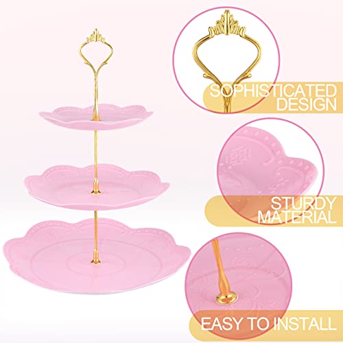 4 Packs 3 Tier Cupcake Stand Plastic Macaroon Stand Round Plastic Dessert Display Serving Tray Reusable Tea Party Stand for Wedding Birthday Tea Party(White, Pink)