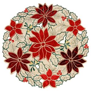 owenie christmas placemats set of 4, embroidered applique round placemats set of 4, red velvet poinsettia flower linen table mats for holiday kitchen dining table decorations (15 inch)