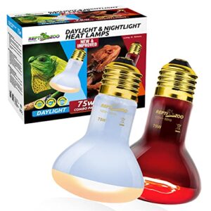 reptizoo 75w reptile heat lamp bulb 2pcs day & night heat lamp combo pack include nightlight infrared heat emitter and uva daylight heating lamp