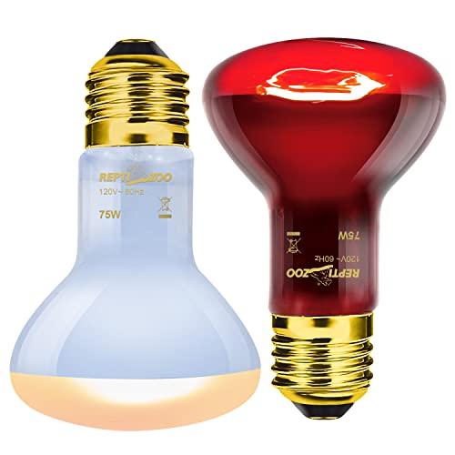 REPTIZOO 75W Reptile Heat Lamp Bulb 2PCS Day & Night Heat Lamp Combo Pack Include Nightlight Infrared Heat Emitter and UVA Daylight Heating Lamp