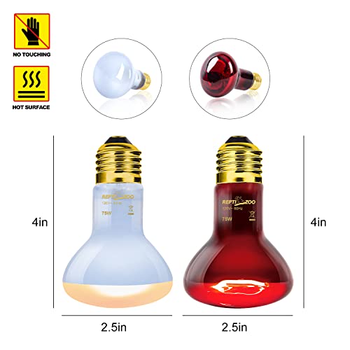 REPTIZOO 75W Reptile Heat Lamp Bulb 2PCS Day & Night Heat Lamp Combo Pack Include Nightlight Infrared Heat Emitter and UVA Daylight Heating Lamp