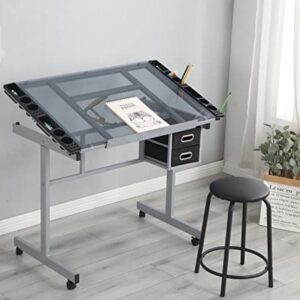 HomSof Adjustable Drafting Printing Table with Chair, Grey