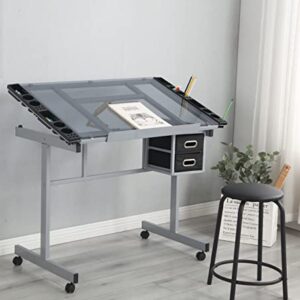 HomSof Adjustable Drafting Printing Table with Chair, Grey