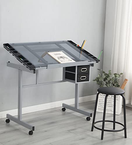 HomSof Adjustable Drafting Printing Table with Chair, Grey