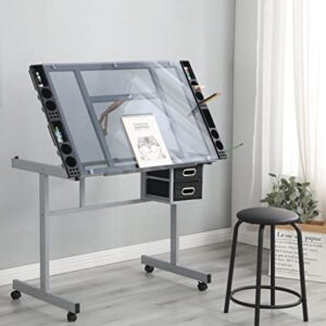 HomSof Adjustable Drafting Printing Table with Chair, Grey