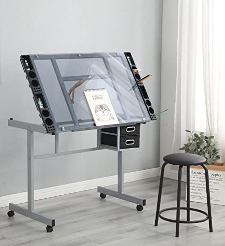 HomSof Adjustable Drafting Printing Table with Chair, Grey
