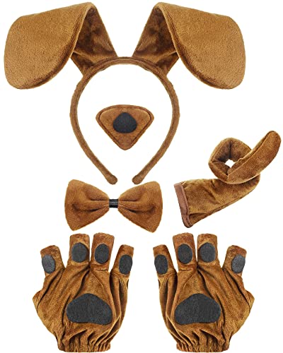 5 Pieces Puppy Dog Costume Set Included Dog Ears Headband Bowtie Fake Nose Tail Puppy Paw Gloves Animal Costume Accessories for Halloween Cosplay Party (Light Brown) Medium