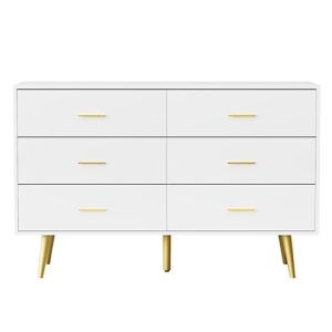 LYNSOM White Dresser for Bedroom, Modern 6 Drawer Dresser with Gold Handles, Wood Chest of Drawers for Kids Bedroom, Living Room