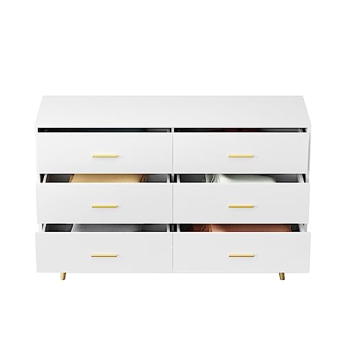 LYNSOM White Dresser for Bedroom, Modern 6 Drawer Dresser with Gold Handles, Wood Chest of Drawers for Kids Bedroom, Living Room