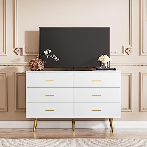 LYNSOM White Dresser for Bedroom, Modern 6 Drawer Dresser with Gold Handles, Wood Chest of Drawers for Kids Bedroom, Living Room