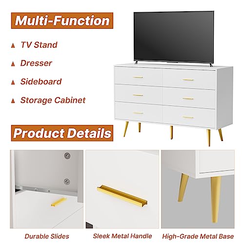 LYNSOM White Dresser for Bedroom, Modern 6 Drawer Dresser with Gold Handles, Wood Chest of Drawers for Kids Bedroom, Living Room