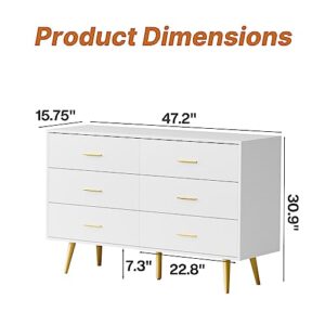 LYNSOM White Dresser for Bedroom, Modern 6 Drawer Dresser with Gold Handles, Wood Chest of Drawers for Kids Bedroom, Living Room