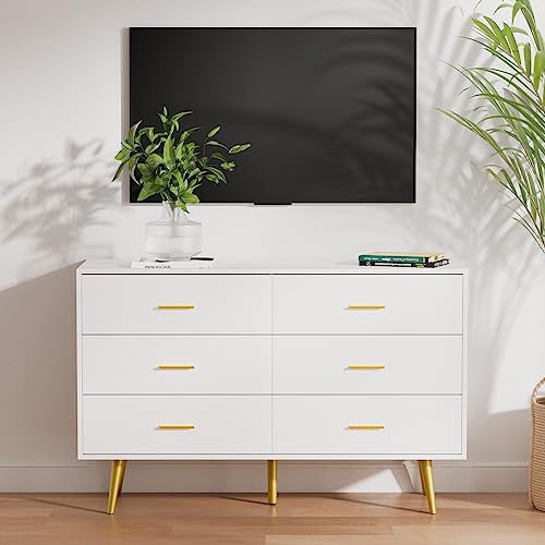 LYNSOM White Dresser for Bedroom, Modern 6 Drawer Dresser with Gold Handles, Wood Chest of Drawers for Kids Bedroom, Living Room