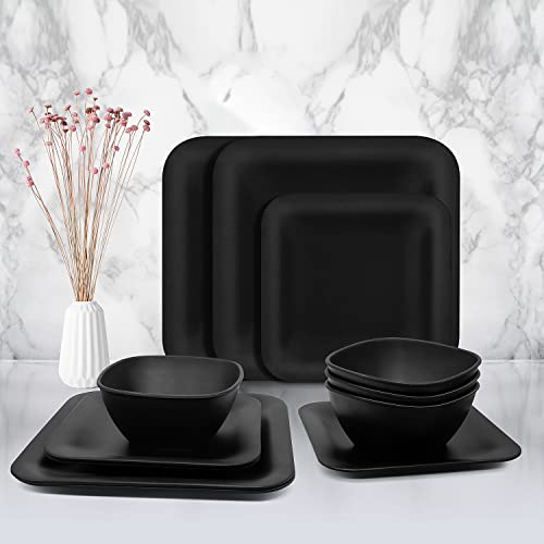 Melamine Dinnerware Set - 12 pcs Melamine Plates Indoor and Outdoor use Matte Black Plates and Bowls Dinnerware Sets Summer Fall Camping Dish Set for 4 Dishwasher Safe（Square）