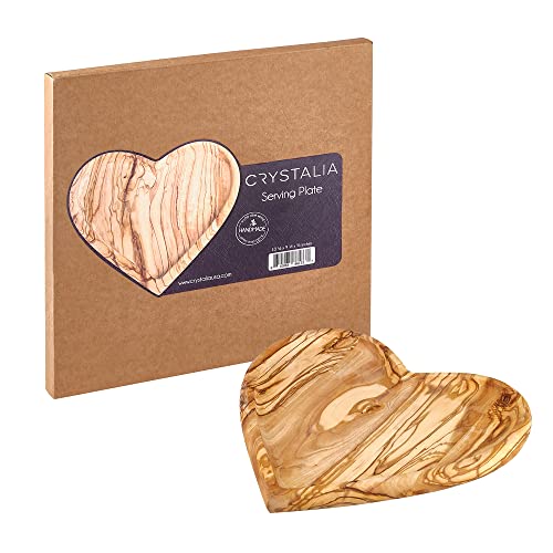 Crystalia Wooden Serving Plate, Handmade Natural Olive Wood Unique Heart Shaped Tray, Perfect for Any Occasion, Gift, Fruit, Snack, Food, Cakes & Nuts, European Dinnerware, Charger Plate
