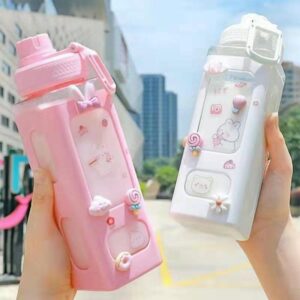 excvalues Kawaii Water Bottle with Straw Cute Large Water Bottles with Kawaii Stickers Aesthetic Leakproof Square Drinking Bottle (pink)