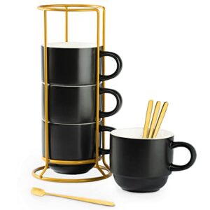 yhosseun porcelain stackable coffee mug set with rack, demitasse cups with espresso spoons, 11 oz for coffee drinks, latte, macchiato, cafe mocha set of 4,black