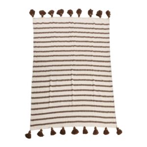 main + mesa recycled striped cotton throw blanket with tassels, brown and natural