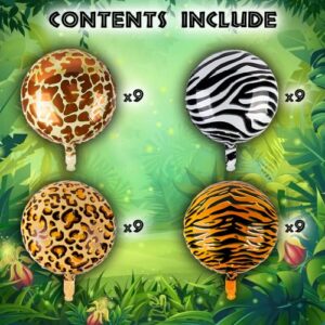 36 Pieces Jungle Balloons by Lunaborne - 18-inch Aluminum Foil Balloons - Leopard Tiger Zebra Giraffe Print Pattern Helium Party Balloons, Jungle Wildlife Zoo Theme Birthday Party Decorations