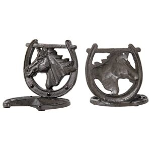 mygift dark brown cast iron decorative bookends for heavy books, western theme home office decoration, bookshelf decor with horse, horseshoe and star design, 1 pair