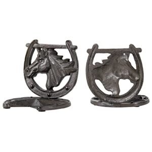 MyGift Dark Brown Cast Iron Decorative Bookends for Heavy Books, Western Theme Home Office Decoration, Bookshelf Decor with Horse, Horseshoe and Star Design, 1 Pair