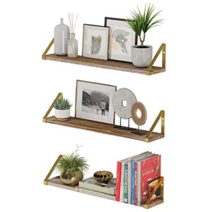 wallniture ponza floating shelves for wall decor, bookshelf living room, nursery & bedroom decor, kitchen organization gold color metal brackets set of 3