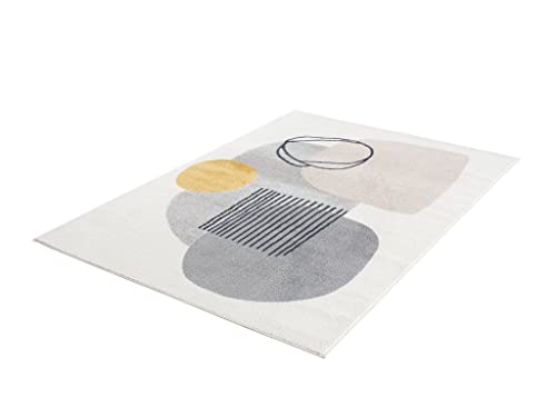 Abani Rugs Cream and Gray 6 ft. X 9 ft. Mid-Century Rug with Circles and Lines. Neutral Tones of Cream, Gray and a pop of Yellow. Minimalistic Design Turkish Stain Resistant Area Rug.