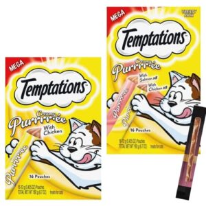 temptations creamy puree lickable cat treats - 32 pouches squeezable cat topper snacks variety bundle 2 pack (chicken & salmon 0.425 each pouch)