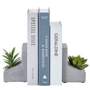 mygift l-shaped heavy concrete shelf decor decorative bookends with artificial succulent plants, desktop textbook book stands, 1 pair