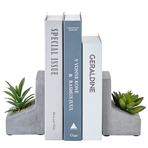 MyGift L-Shaped Heavy Concrete Shelf Decor Decorative Bookends with Artificial Succulent Plants, Desktop Textbook Book Stands, 1 Pair