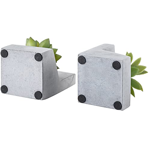 MyGift L-Shaped Heavy Concrete Shelf Decor Decorative Bookends with Artificial Succulent Plants, Desktop Textbook Book Stands, 1 Pair