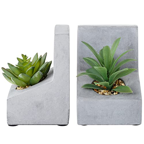 MyGift L-Shaped Heavy Concrete Shelf Decor Decorative Bookends with Artificial Succulent Plants, Desktop Textbook Book Stands, 1 Pair